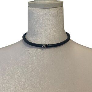 Unisex‎ Leather Rope Choker Necklace Navy Magnet Clasp and Silver 925 Pendant